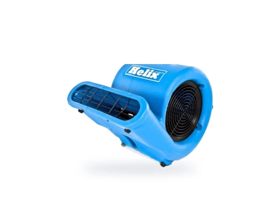 A portable floor air mover with a caged fan outlet, photographed against a white background.