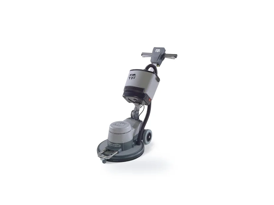 An upright high-speed floor burnisher with a circular pad head, photographed against a white background.