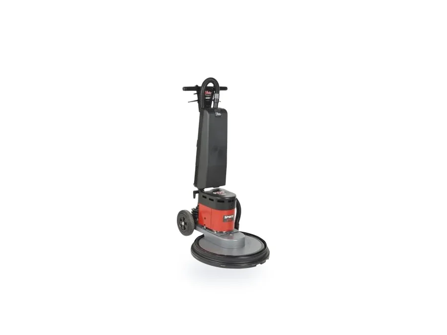 An upright rotary floor machine with a circular pad drive, photographed against a white background.