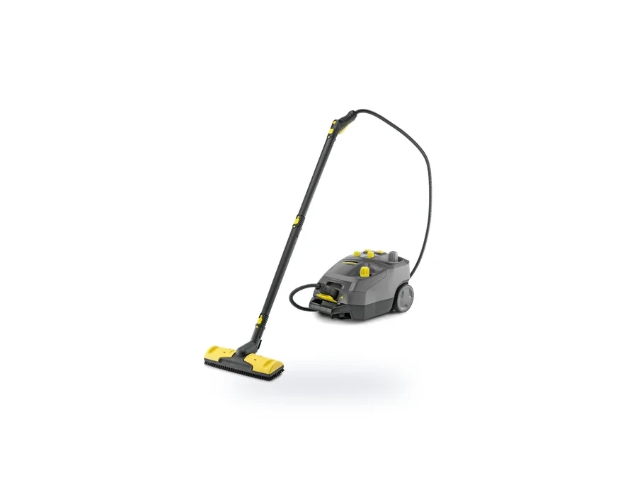 A steam cleaning unit with a hose and floor tool, photographed against a white background.